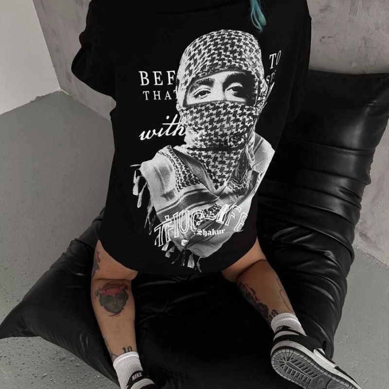 Kadın Kısa Kol Tişört Bisiklet Yaka Filistin Poşülü Baskılı T-Shirt - Siyah