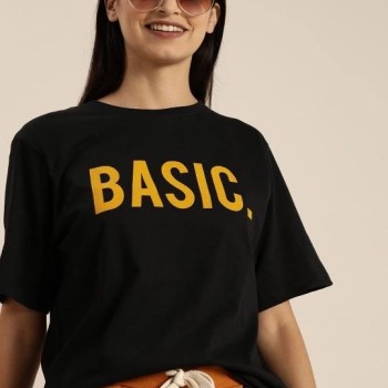Kadın Kısa Kol Yazlık Tişört Bisiklet Yaka BASIC Baskılı T-Shirt - Siyah