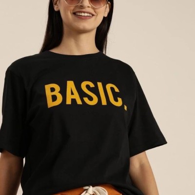 Kadın Kısa Kol Yazlık Tişört Bisiklet Yaka BASIC Baskılı T-Shirt - Siyah