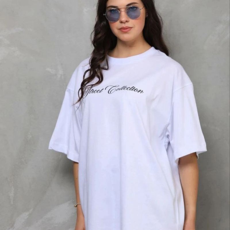 Kadın Kısa Kol Yazlık Tişört Bisiklet Yaka Baskılı Oversize T-Shirt - Beyaz