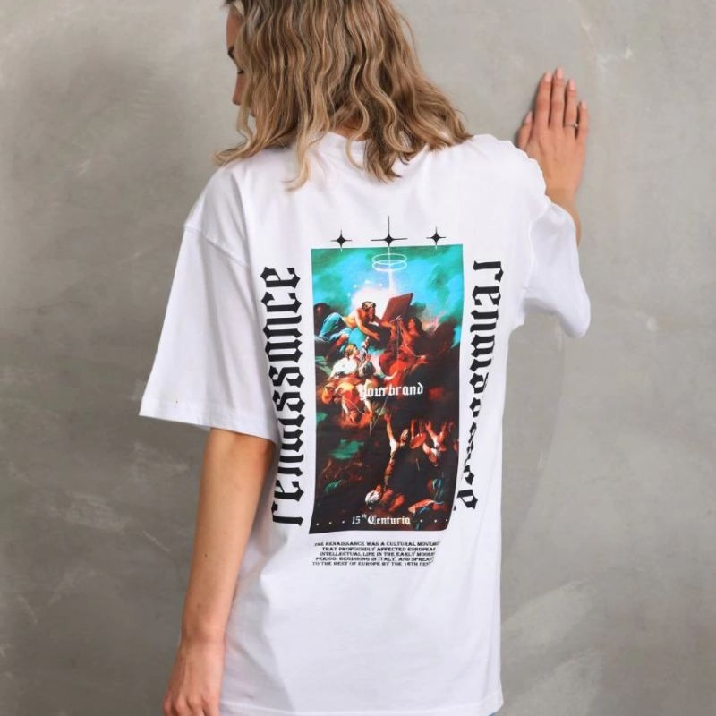 Kadın Kısa Kol Yazlık Tişört Bisiklet Yaka Baskılı Oversize T-Shirt - Beyaz