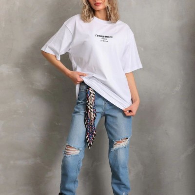 Kadın Kısa Kol Yazlık Tişört Bisiklet Yaka Baskılı Oversize T-Shirt - Beyaz