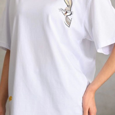 Kadın Kısa Kol Yazlık Tişört Bisiklet Yaka Baskılı Oversize T-Shirt - Beyaz