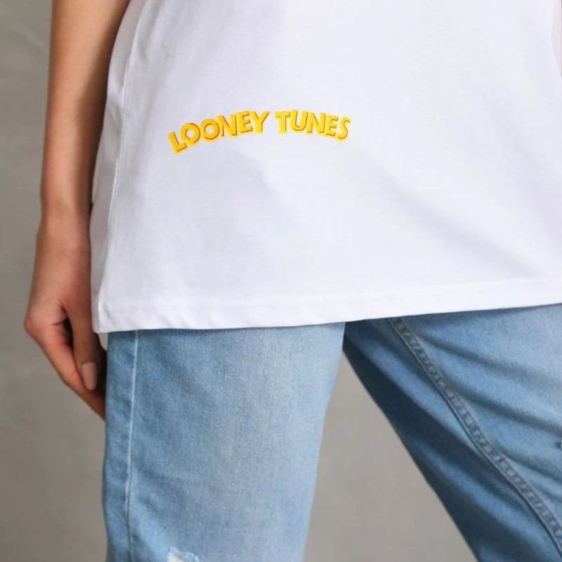 Kadın Kısa Kol Yazlık Tişört Bisiklet Yaka Baskılı Oversize T-Shirt - Beyaz