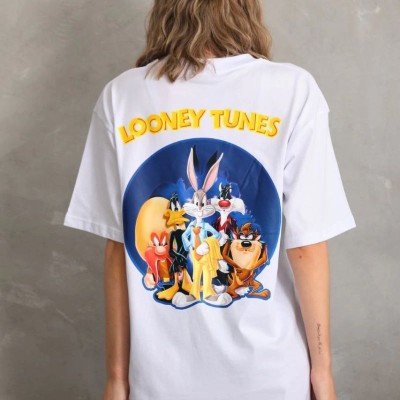 Kadın Kısa Kol Yazlık Tişört Bisiklet Yaka Baskılı Oversize T-Shirt - Beyaz