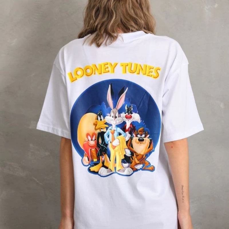 Kadın Kısa Kol Yazlık Tişört Bisiklet Yaka Baskılı Oversize T-Shirt - Beyaz