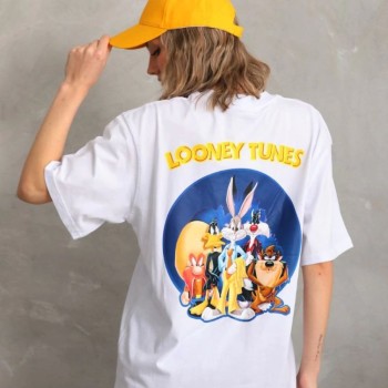 Kadın Kısa Kol Yazlık Tişört Bisiklet Yaka Baskılı Oversize T-Shirt - Beyaz