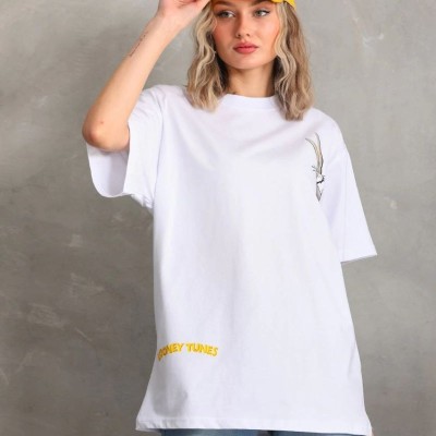 Kadın Kısa Kol Yazlık Tişört Bisiklet Yaka Baskılı Oversize T-Shirt - Beyaz