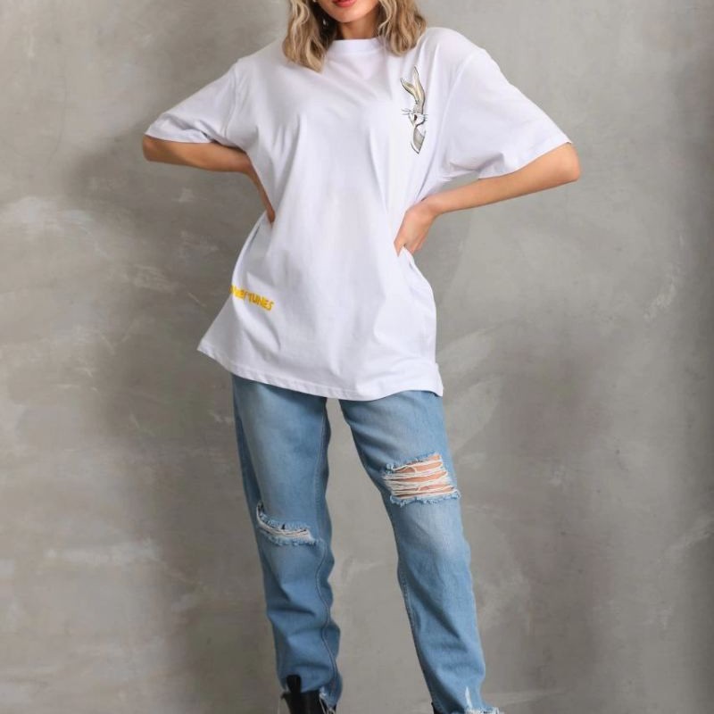 Kadın Kısa Kol Yazlık Tişört Bisiklet Yaka Baskılı Oversize T-Shirt - Beyaz