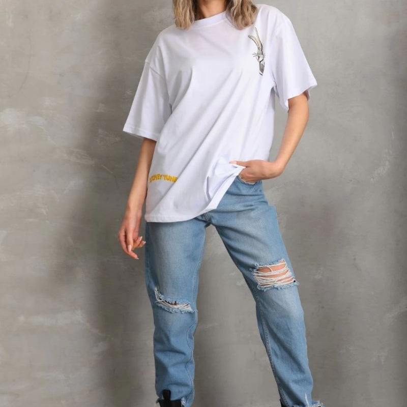 Kadın Kısa Kol Yazlık Tişört Bisiklet Yaka Baskılı Oversize T-Shirt - Beyaz