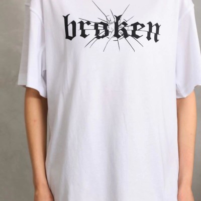 Kadın Kısa Kol Yazlık Tişört Bisiklet Yaka Baskılı Oversize T-Shirt - Beyaz