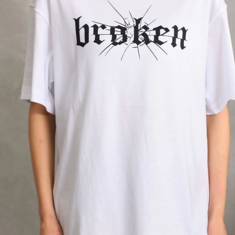 Kadın Kısa Kol Yazlık Tişört Bisiklet Yaka Baskılı Oversize T-Shirt - Beyaz