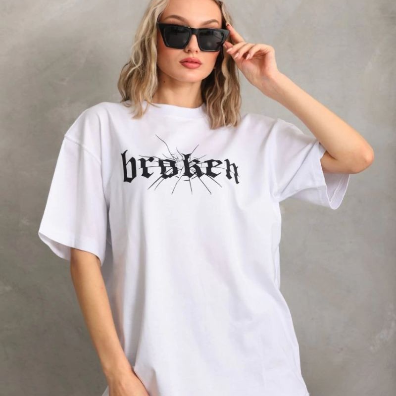 Kadın Kısa Kol Yazlık Tişört Bisiklet Yaka Baskılı Oversize T-Shirt - Beyaz