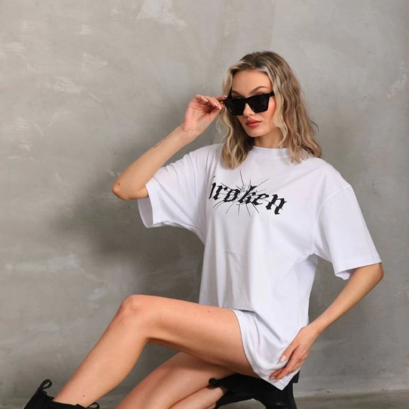 Kadın Kısa Kol Yazlık Tişört Bisiklet Yaka Baskılı Oversize T-Shirt - Beyaz