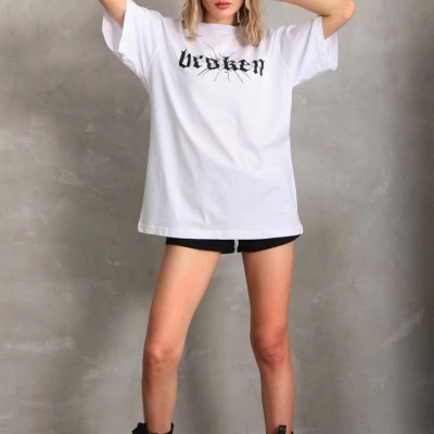 Kadın Kısa Kol Yazlık Tişört Bisiklet Yaka Baskılı Oversize T-Shirt - Beyaz