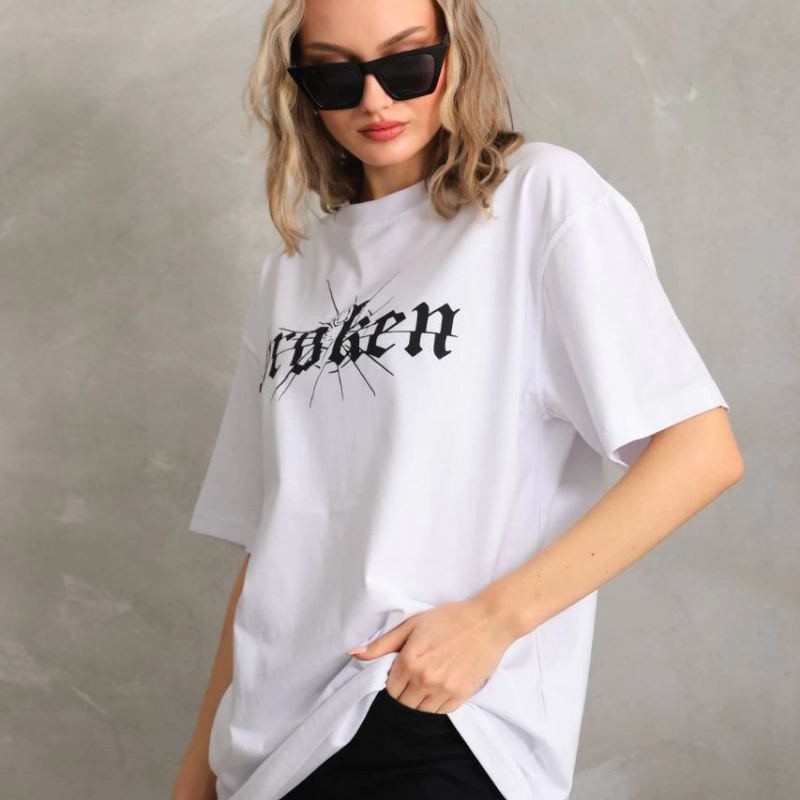 Kadın Kısa Kol Yazlık Tişört Bisiklet Yaka Baskılı Oversize T-Shirt - Beyaz