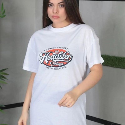Kadın Kısa Kol Yazlık Tişört Bisiklet Yaka Baskılı Oversize T-Shirt - Beyaz