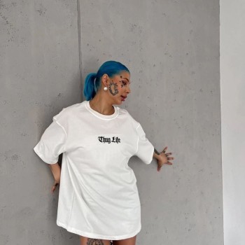 Kadın Kısa Kol Yazlık Tişört Bisiklet Yaka Baskılı Oversize T-Shirt - Beyaz
