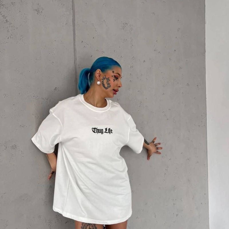 Kadın Kısa Kol Yazlık Tişört Bisiklet Yaka Baskılı Oversize T-Shirt - Beyaz