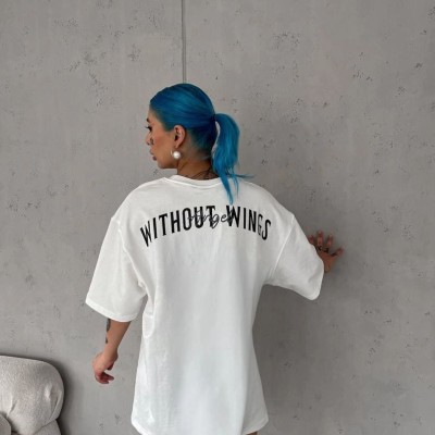 Kadın Kısa Kol Yazlık Tişört Bisiklet Yaka Baskılı Oversize T-Shirt - Beyaz
