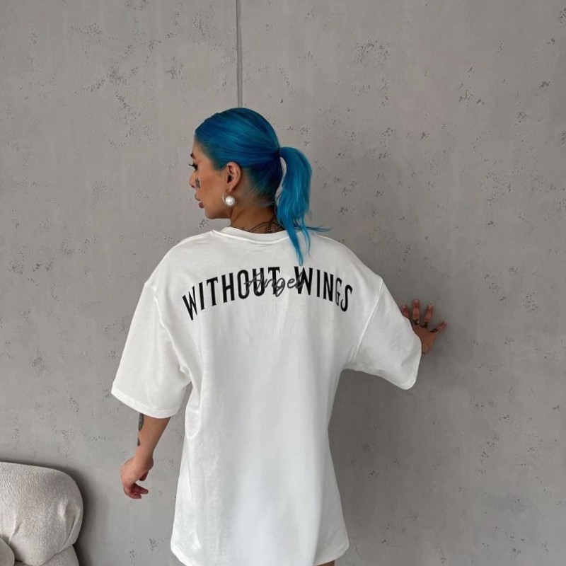 Kadın Kısa Kol Yazlık Tişört Bisiklet Yaka Baskılı Oversize T-Shirt - Beyaz
