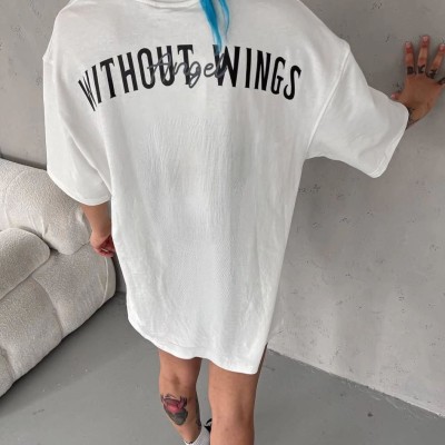 Kadın Kısa Kol Yazlık Tişört Bisiklet Yaka Baskılı Oversize T-Shirt - Beyaz