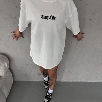 Kadın Kısa Kol Yazlık Tişört Bisiklet Yaka Baskılı Oversize T-Shirt - Beyaz
