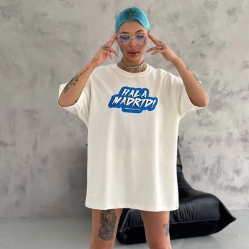 Kadın Kısa Kol Yazlık Tişört Bisiklet Yaka Baskılı Oversize T-Shirt - Beyaz