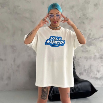 Kadın Kısa Kol Yazlık Tişört Bisiklet Yaka Baskılı Oversize T-Shirt - Beyaz