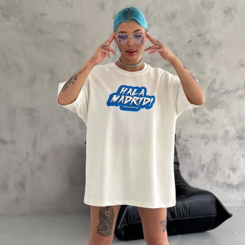 Kadın Kısa Kol Yazlık Tişört Bisiklet Yaka Baskılı Oversize T-Shirt - Beyaz