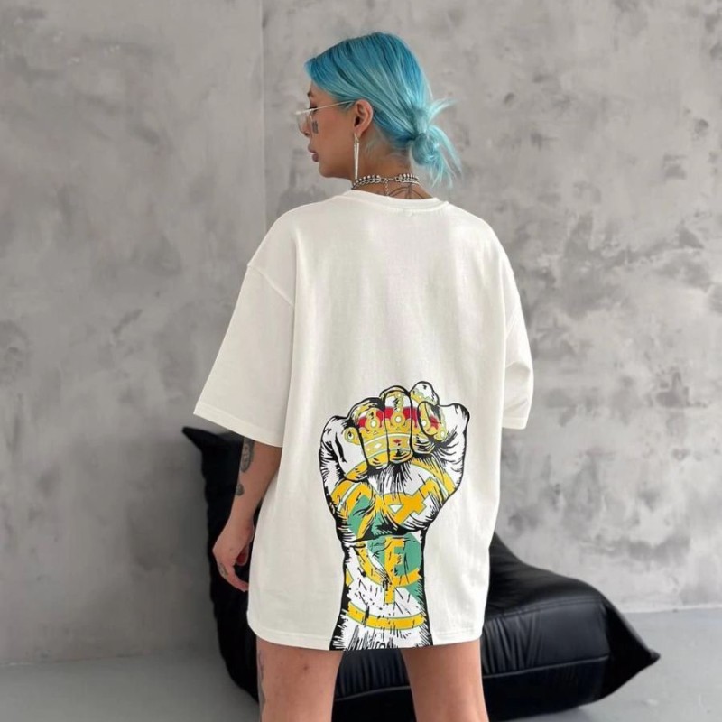 Kadın Kısa Kol Yazlık Tişört Bisiklet Yaka Baskılı Oversize T-Shirt - Beyaz