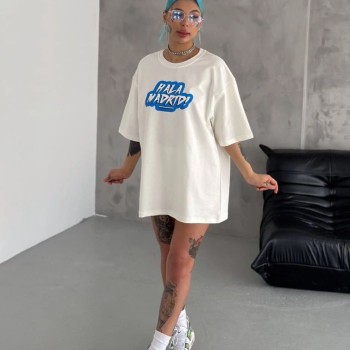 Kadın Kısa Kol Yazlık Tişört Bisiklet Yaka Baskılı Oversize T-Shirt - Beyaz