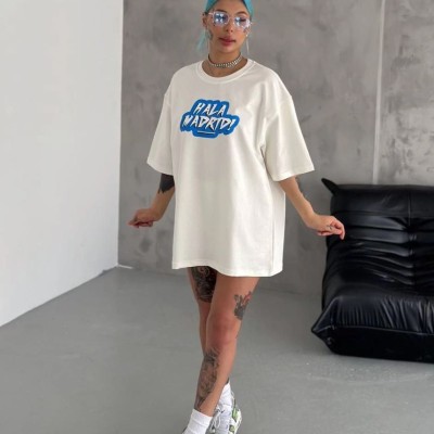 Kadın Kısa Kol Yazlık Tişört Bisiklet Yaka Baskılı Oversize T-Shirt - Beyaz