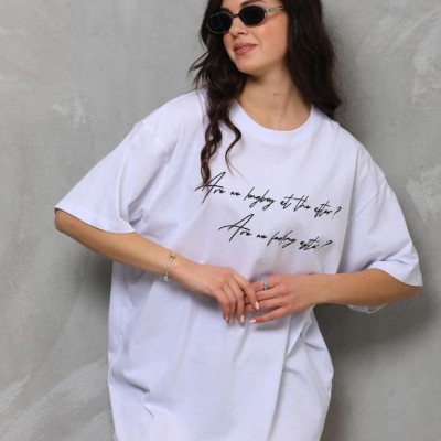 Kadın Kısa Kol Yazlık Tişört Bisiklet Yaka Baskılı Oversize T-Shirt - Beyaz