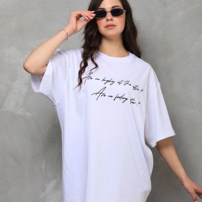 Kadın Kısa Kol Yazlık Tişört Bisiklet Yaka Baskılı Oversize T-Shirt - Beyaz