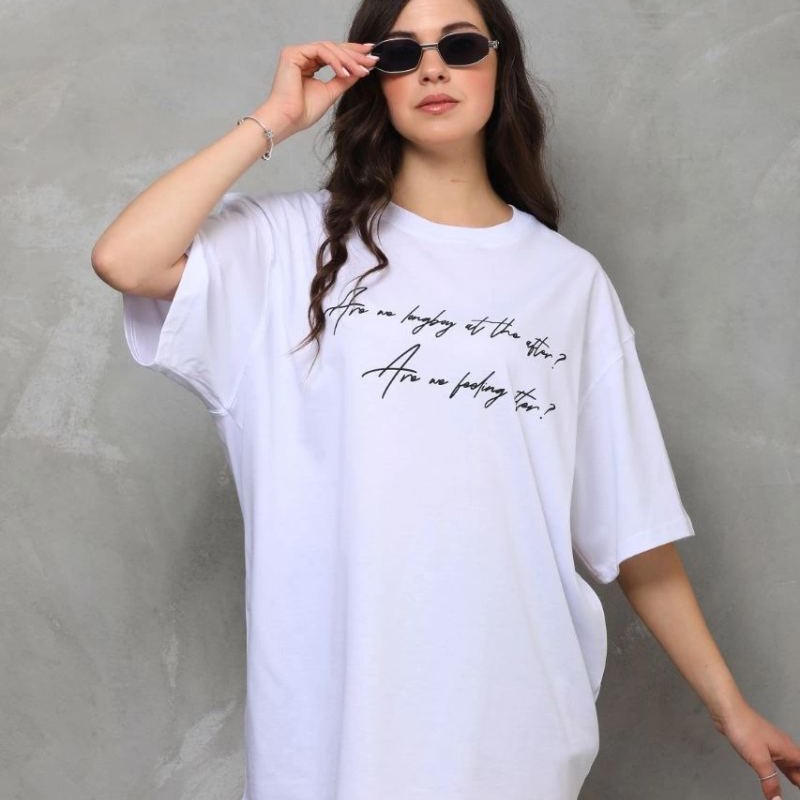Kadın Kısa Kol Yazlık Tişört Bisiklet Yaka Baskılı Oversize T-Shirt - Beyaz