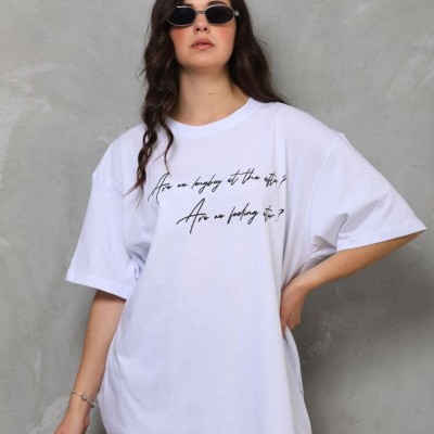 Kadın Kısa Kol Yazlık Tişört Bisiklet Yaka Baskılı Oversize T-Shirt - Beyaz