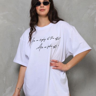 Kadın Kısa Kol Yazlık Tişört Bisiklet Yaka Baskılı Oversize T-Shirt - Beyaz
