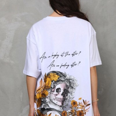 Kadın Kısa Kol Yazlık Tişört Bisiklet Yaka Baskılı Oversize T-Shirt - Beyaz