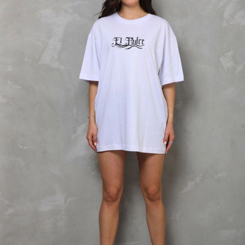 Kadın Kısa Kol Yazlık Tişört Bisiklet Yaka Baskılı Oversize T-Shirt - Beyaz