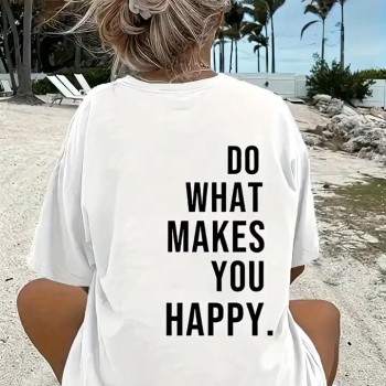 Kadın Kısa Kol Yazlık Tişört Bisiklet Yaka Baskılı Oversize T-Shirt - Beyaz