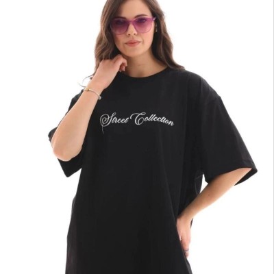 Kadın Kısa Kol Yazlık Tişört Bisiklet Yaka Baskılı Oversize T-Shirt - Siyah