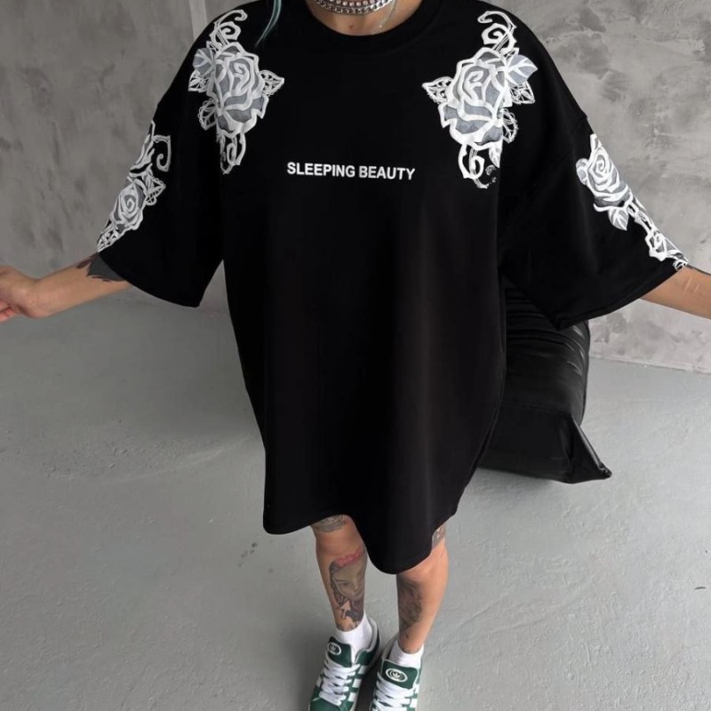 Kadın Kısa Kol Yazlık Tişört Bisiklet Yaka Baskılı Oversize T-Shirt - Siyah