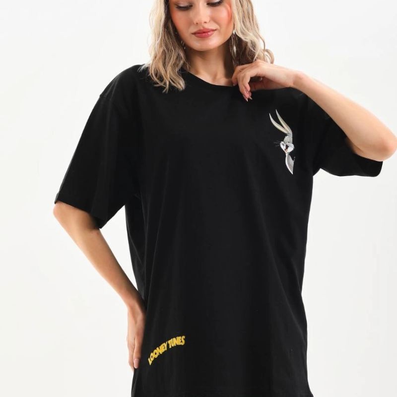 Kadın Kısa Kol Yazlık Tişört Bisiklet Yaka Baskılı Oversize T-Shirt - Siyah