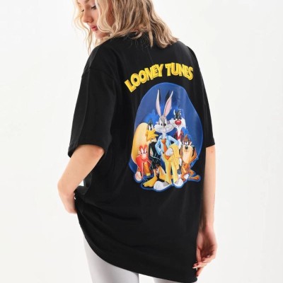 Kadın Kısa Kol Yazlık Tişört Bisiklet Yaka Baskılı Oversize T-Shirt - Siyah