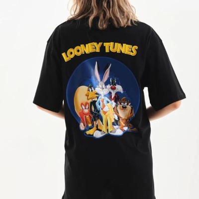 Kadın Kısa Kol Yazlık Tişört Bisiklet Yaka Baskılı Oversize T-Shirt - Siyah