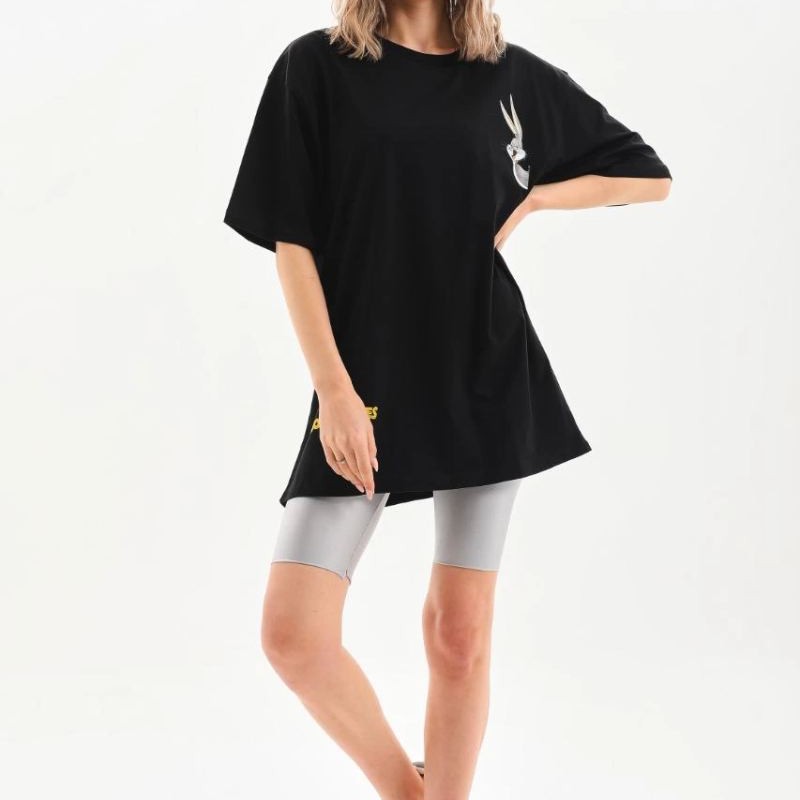 Kadın Kısa Kol Yazlık Tişört Bisiklet Yaka Baskılı Oversize T-Shirt - Siyah