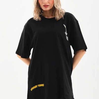 Kadın Kısa Kol Yazlık Tişört Bisiklet Yaka Baskılı Oversize T-Shirt - Siyah