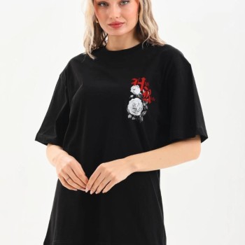 Kadın Kısa Kol Yazlık Tişört Bisiklet Yaka Baskılı Oversize T-Shirt - Siyah