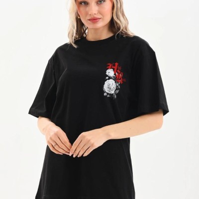 Kadın Kısa Kol Yazlık Tişört Bisiklet Yaka Baskılı Oversize T-Shirt - Siyah